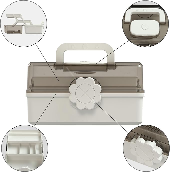 Covetree Hair Accessories Organizer with Handle, Lockable Three-Layer Multipurpose Art Supplies Storage Box and Plastic Jewelry Box, Sewing Organizer (White)
