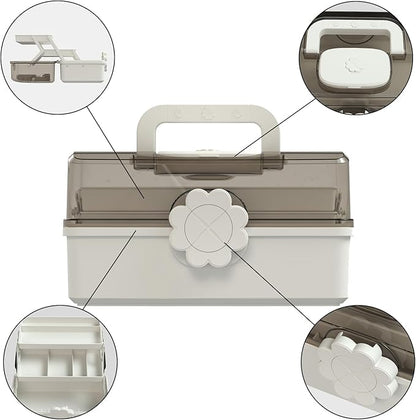 Covetree Hair Accessories Organizer with Handle, Lockable Three-Layer Multipurpose Art Supplies Storage Box and Plastic Jewelry Box, Sewing Organizer (White)