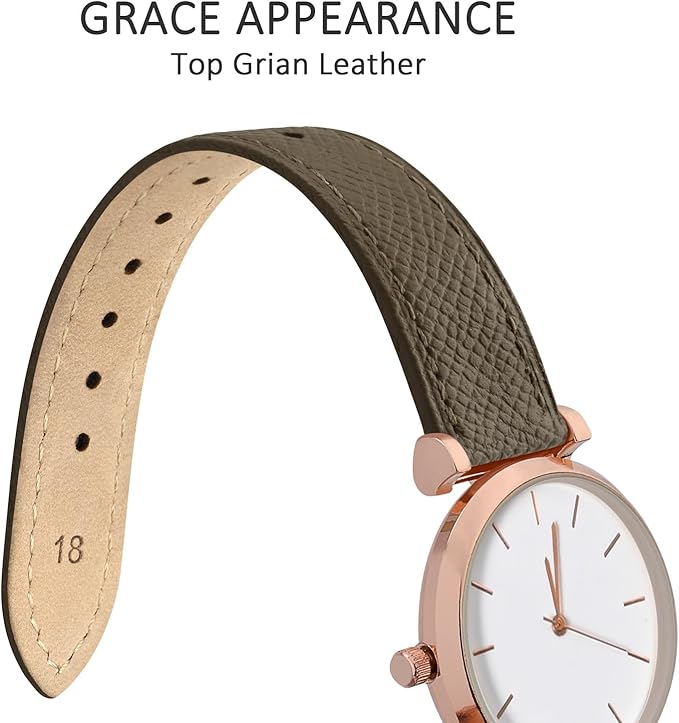 WOCCI 20mm Grace Leather Watch Band for Ladies, Top Grain Leather, Quick Release Replacement Strap with Rose Gold Buckle (Elephant Grey)