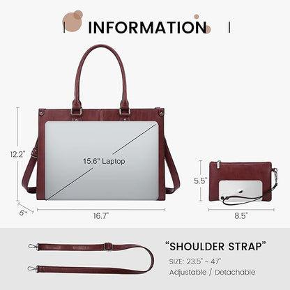 LOVEVOOK Laptop Tote Bag for Women, 15.6 Inch Large Capacity Vintage Leather Work Computer Bag, Business Casual Shoulder Handbag, Wine Red