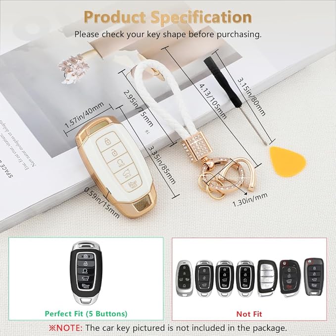 PIFOOG for Elantra Key Fob Cover Palisade 2023 2022 2021 2020 5 Buttons Car Keys Case Shell Protector Holder Glittering Keychain Accessories Girly Women Cute TPU Gold White