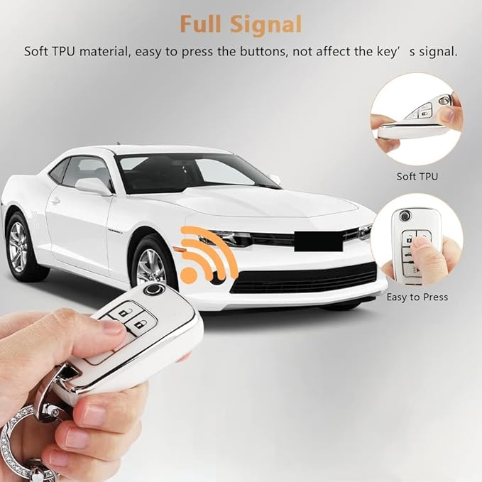PIFOOG Key Fob Cover for Chevy 5 Button Keys Case Shell Protector TPU Soft Bling Car Keychain Accessories Fit for Equinox Cruze Malibu Camaro Sonic Trax Cute Girly Women White Silver
