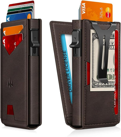 Wallet for Men, Slim Minimalist Wallet with Money Clip＆ID Window, RFID Blocking Pop-Up Credit Card Holder, Smart Auminum Mens Wallet Holds 9-13 Cards (Gift Box) (Coffee Brown)