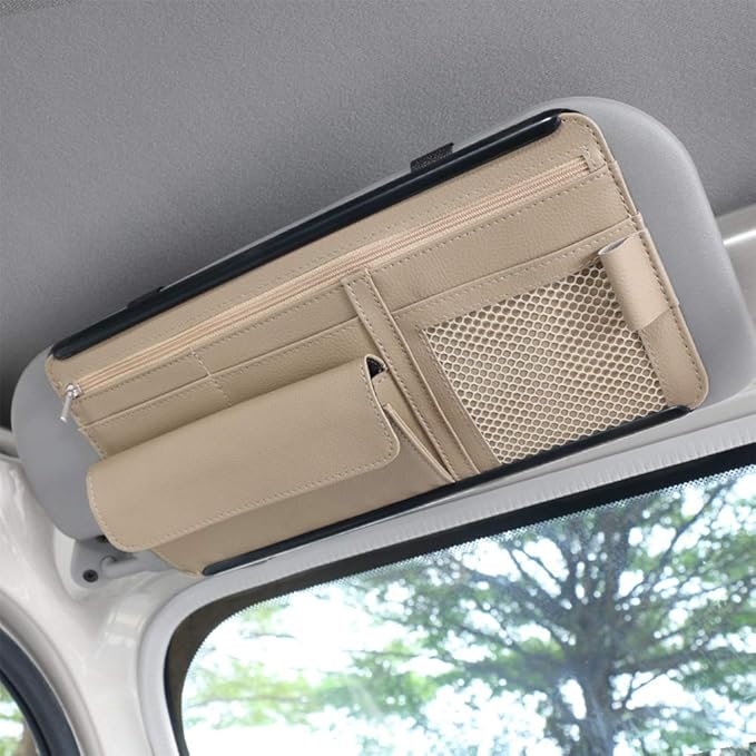 Car Sun Visor Multi-Pocket Net Zipper Organizer Auto Interior Accessories Pocket Organizer Storage Pouch Holder for Card License Pen Glasses (Beige)