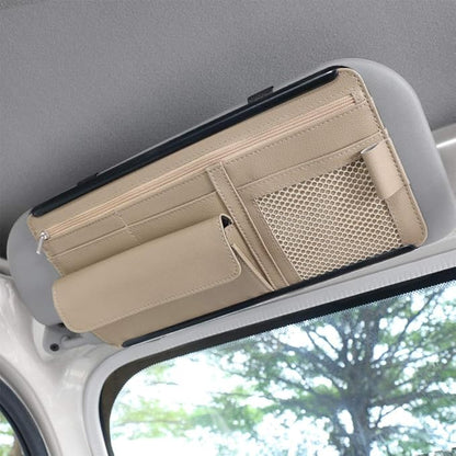Car Sun Visor Multi-Pocket Net Zipper Organizer Auto Interior Accessories Pocket Organizer Storage Pouch Holder for Card License Pen Glasses (Beige)