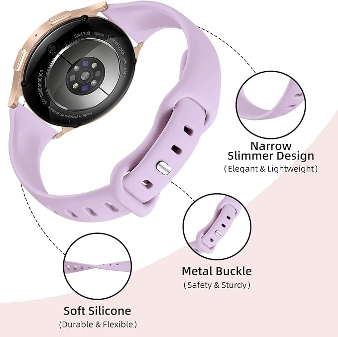 GEAK Compatible with Samsung Galaxy Watch 7 6 5 4 Band 40mm 44mm/Galaxy Watch 4 6 Classic 42mm 46mm 43mm 47mm,20mm Soft Slim Silicone for Samsung Watch 4 Bands Women Large Rose/Teal/Lavender/Yellow