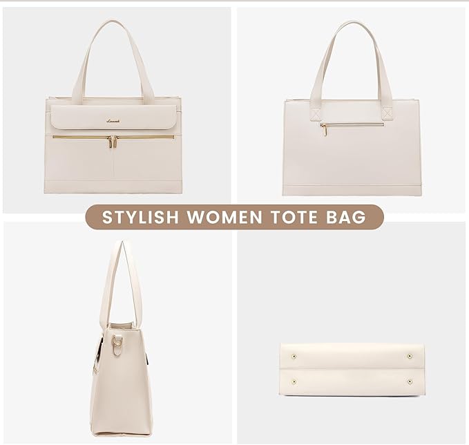LOVEVOOK Laptop Bag for Women 15.6 Inch Tote Work Professional Leather Computer Briefcase Waterproof Handbag Shoulder Large Capacity Business Teacher Office Crossbody Purse, 206# Beige White