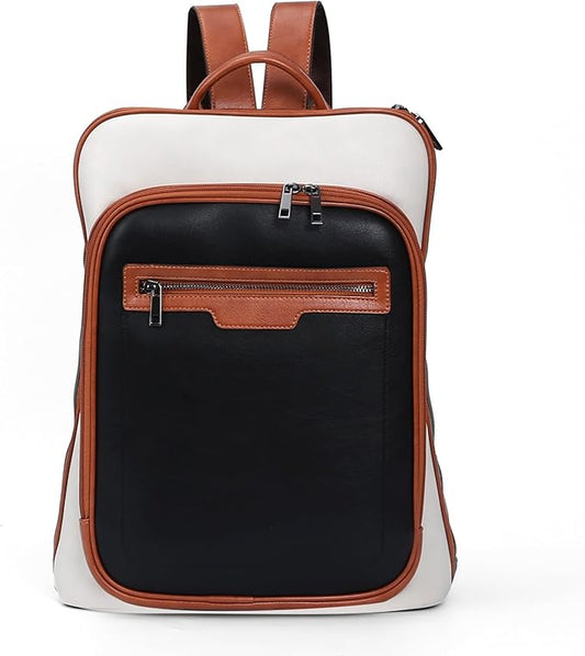 Leather Laptop Backpack, Women and Men Backpack Travel Business Work College Water Resistant Anti Theft Daypack Large fits for 15.6 inch Notebook Computer bag, Black+ Off White…