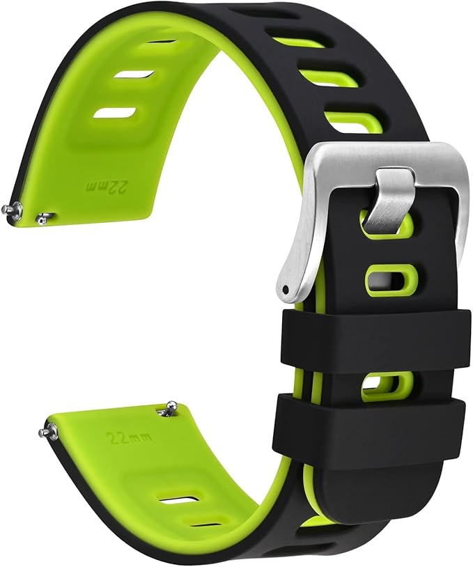WOCCI 22mm Bicolor Watch Band, Silicone Rubber, Quick Release Replacement Strap for Men and Women, Silver Stainless Steel Buckle (Black-Spring Green)