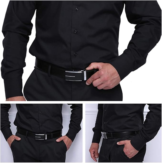 JINIU Men's Ratchet Belt Buckle, Black Genuine Leather Slide Belt for Men Dress Suit, Micro Adjustable Trim to Fit Boxed