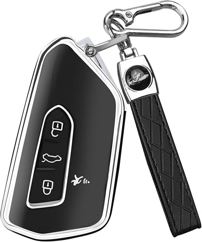 FT FUNTOR Key Fob Cover for Volkswagen,Soft TPU Full Protection Case Compatibale With VW Golf GTI Atlas Skoda Octavia ID3 ID4 MK8 (Black, 4 Buttons)