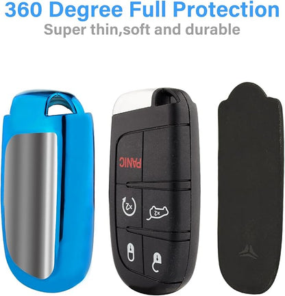 XIYANG TRADE for Jeep Key Fob Cover with Keychain,Soft TPU Key Case Shell Full Protection for Grand Cherokee Renegade Chrysler 200 300 Dodge RAM Durango Challenger Journey Dart Compass Charger(Blue)