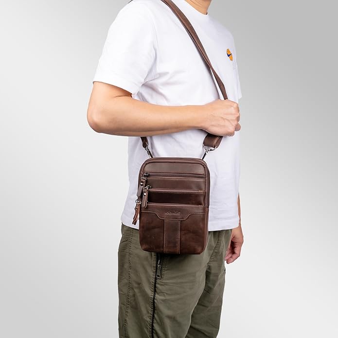 Leather Messenger Bag for Men, Small Leather Sling Shoulder Bag Messenger Pack for Men, Man Purse
