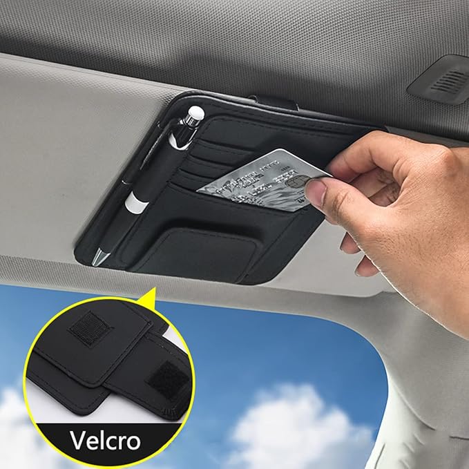 Black Small Car Sun Visor Organizer with Clip, Sunglasses Holders for Car Sun Visor PU Auto Interior Accessories Storage Travel Document Holder with Multi Pocket