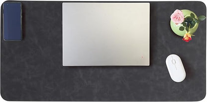Leather Desk Mat, 31.5"x15.7" Non-Slip PU Leather Desk Pad, Thick Desk Blotter with Stitched Edge, Retro Large Mouse Pad, Laptop Pad for Office & Home Use (Black)
