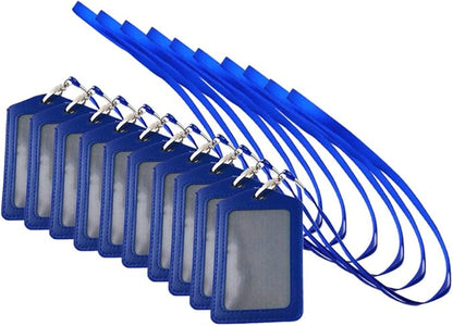 yueton 10pcs Vertical Style Leather Business ID Badge Card Holder, Name Card Business Card Holder Tag with Long Neck Strap Band Lanyard (Blue)