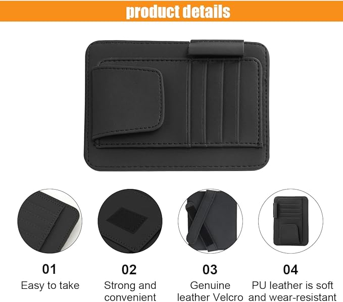 Leather Car Sun Visor Organizer Clip, Universal Car Truck Visor Document Holder with Sunglasses Clip, Auto Visor Pocket Storage for Bill Card Registration/Driving License Pen (Black)