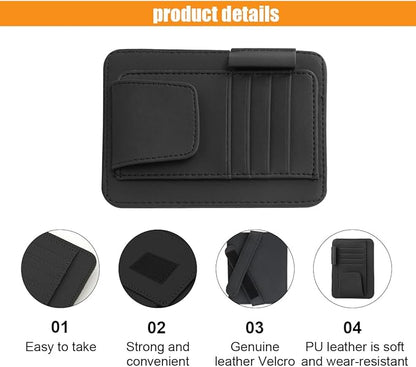 Leather Car Sun Visor Organizer Clip, Universal Car Truck Visor Document Holder with Sunglasses Clip, Auto Visor Pocket Storage for Bill Card Registration/Driving License Pen (Black)