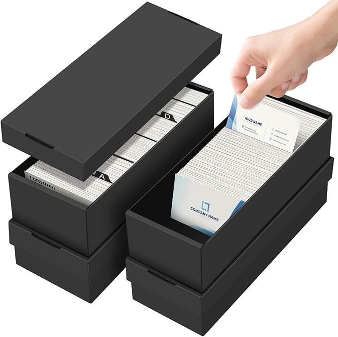 Business Card Storage Box 4 Pack, Business Card Holder Case with Lids, Holds 3200 Cards Total, 3-Layer Corrugated Desk Business Card Organizer, Black Card Index Photo & Office Supplies Storage