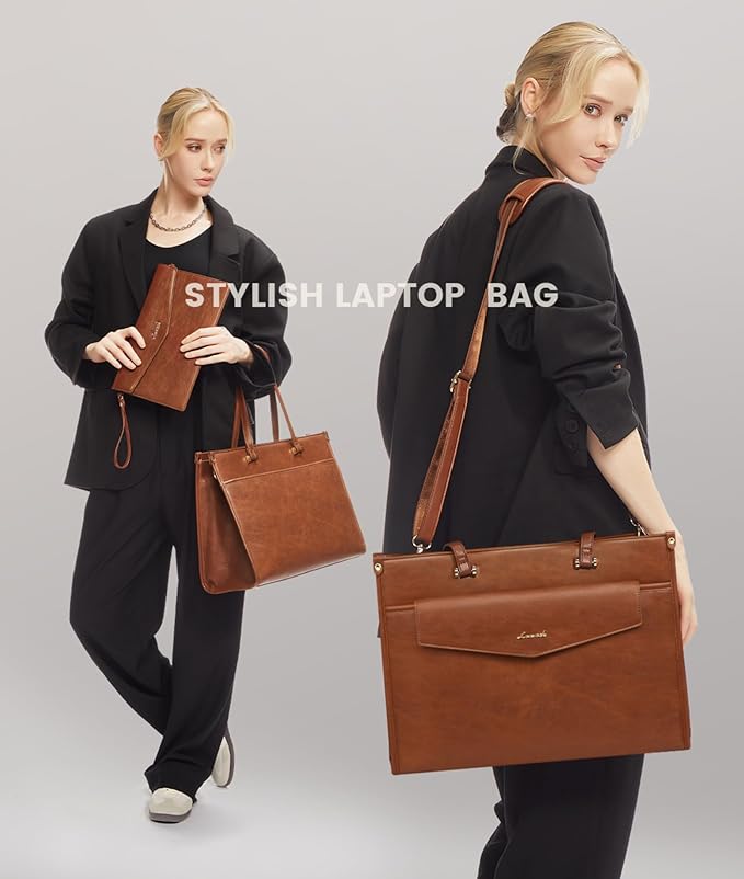 LOVEVOOK Laptop Bag for Women, 15.6'' Laptop Tote Purse 2-in-1 Professional Work Bag Business Briefcase with Clutch Purse, Waterproof Vintage Leather Computer Handbag for Teacher Office Travel