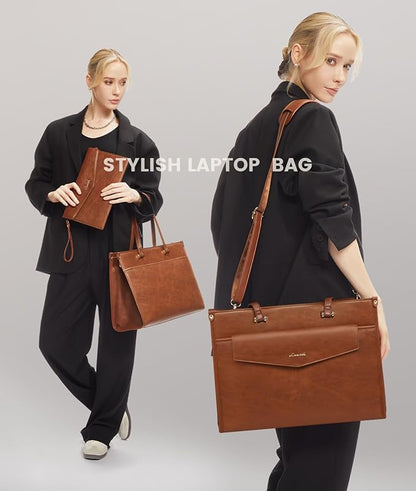 LOVEVOOK Laptop Bag for Women, 15.6'' Laptop Tote Purse 2-in-1 Professional Work Bag Business Briefcase with Clutch Purse, Waterproof Vintage Leather Computer Handbag for Teacher Office Travel