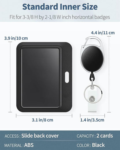 Uniclife 3 Pack Sliding Badge Holder Hard Black Horizontal Plastic Card Case Protector with Retractable Badge Reel Carabiner for Office School ID Credit Proximity Key Card Driver’s License and Pass