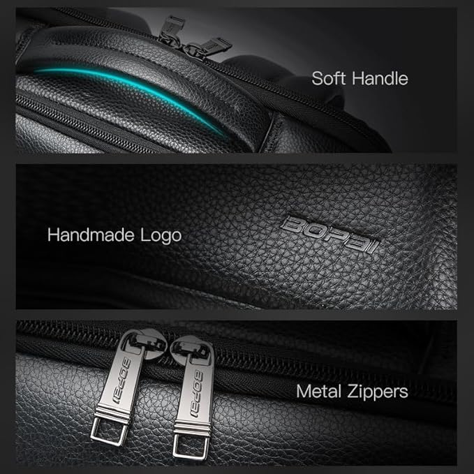 BOPai Genuine Leather Backpack for Men Multi-Function 15.6 inch Laptop Premium Executive Business Travel Friendly Smart Rucksack Anti Theft Large Capacity Office Classic Black