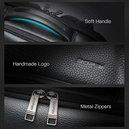 BOPai Genuine Leather Backpack for Men Multi-Function 15.6 inch Laptop Premium Executive Business Travel Friendly Smart Rucksack Anti Theft Large Capacity Office Classic Black