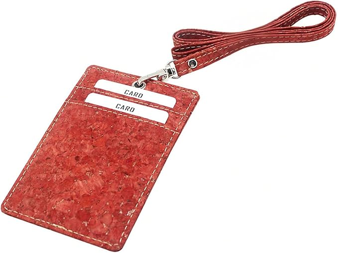 Cork Badge Holder, Boshiho Vertical Style Eco-Friendly Natural Cork Name ID Card Holder with Lanyard (Cork Red)
