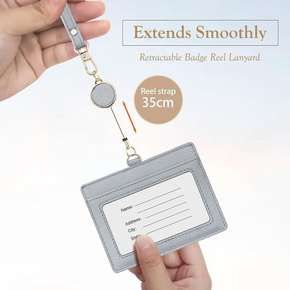 Office Badge Holder - Boshiho Genuine Leather Credit ID Card Holder with Stretch Neck Lanyard and Pen Clip (Horizontal-Grey)
