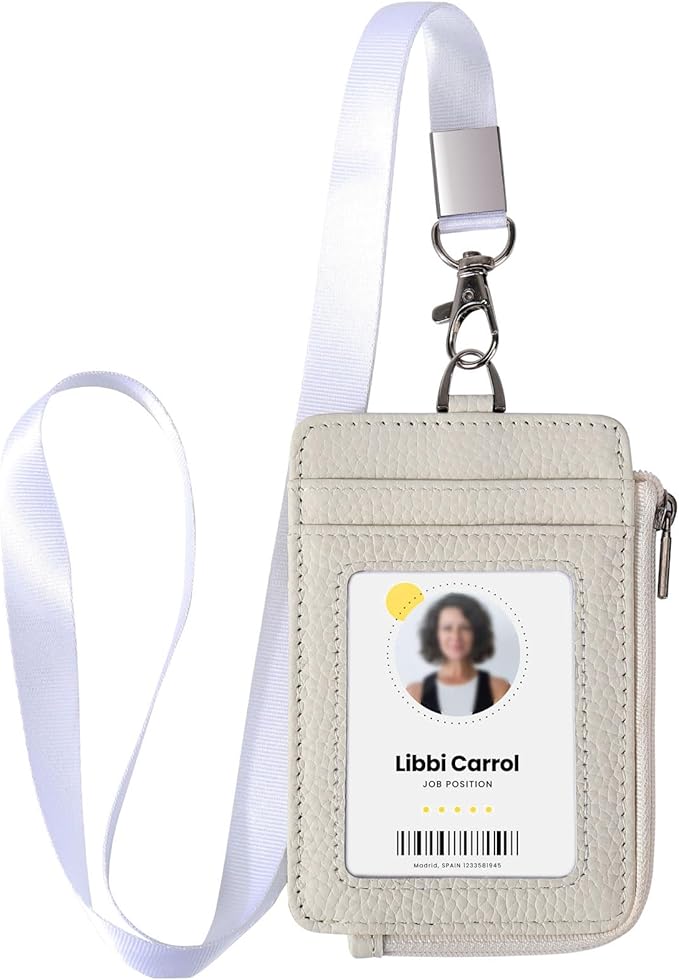 Badge Holder-Genuine Leather ID Badge Holder with Zipper Pocket and Nylon Lanyard – Perfect for Badges, Cards, and More