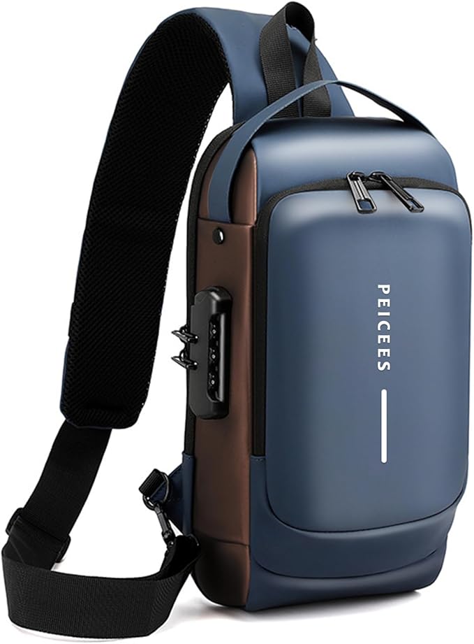 Peicees Mens Crossbody Bag Man Bags Mens Purse Anti-theft Leather Sling Bag Shoulder Bag Chest Bag for Daily Use, Blue Gold