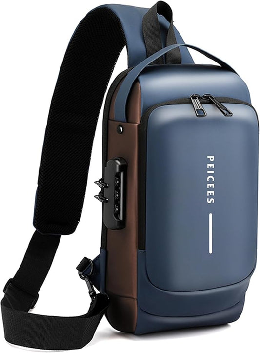 Peicees Mens Crossbody Bag Man Bags Mens Purse Anti-theft Leather Sling Bag Shoulder Bag Chest Bag for Daily Use, Blue Gold