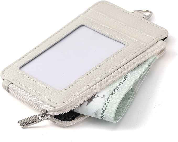 Badge Holder-Genuine Leather ID Badge Holder with Zipper Pocket and Nylon Lanyard – Perfect for Badges, Cards, and More