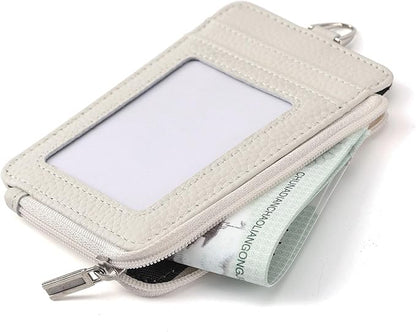 Badge Holder-Genuine Leather ID Badge Holder with Zipper Pocket and Nylon Lanyard – Perfect for Badges, Cards, and More