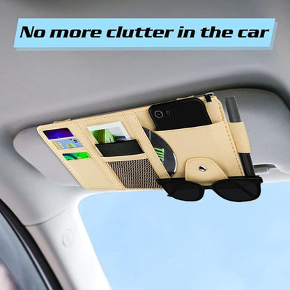 Car Sun Visor Organizer, Leather Pocket Organizer Sunglass Holder for Car Interior Accessories with Multi-Pocket Net Zipper, Beige