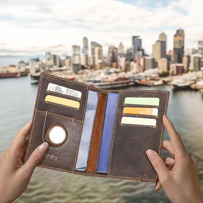 CONTACTS Full Grain Leather Passport Holder for 2 RFID Blocking Travel Passport Wallet Compatible with Airtag Passport Cover Case for 2 Passports with 5 Card Slots
