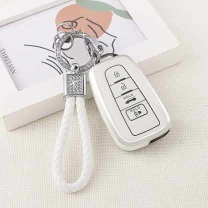 PIFOOG Key Fob Cover for Toyota Camry RAV4 Corolla C-HR Avalon Highlander Prius Smart Keys Case Shell Protector Bling Keychain Accessories 4 Button TPU Girly Women White Silver