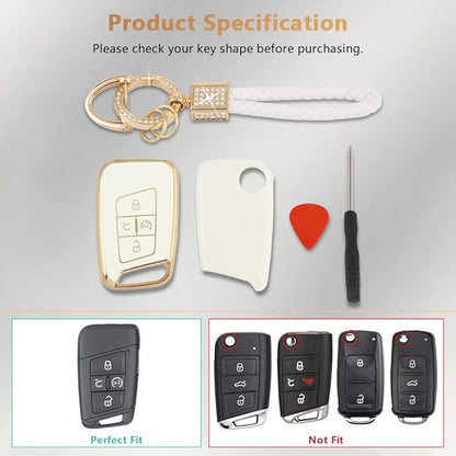 PIFOOG Key Fob Cover for VW Volkswagen White Gold Bling Keychain Tiguan Atlas Jetta Taos Arteon Car Accessories Cute TPU Smart Keys Case Shell Protector Crystal Girly Women
