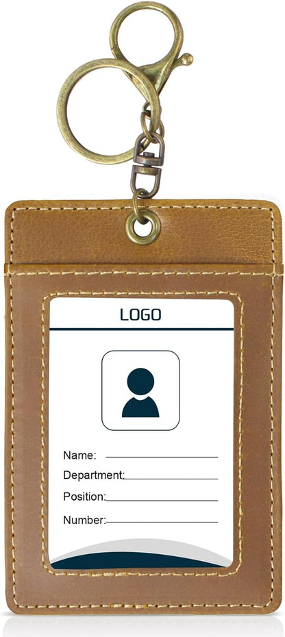 Badge Holder: Boshiho Cowhide Leather ID Card Badge Holder with Keychain Key Ring, Vertical Style (Light Brown)