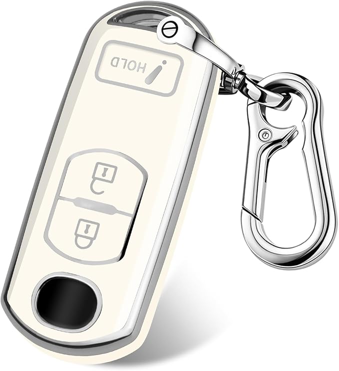 FT FUNTOR for Mazda Key Cover,3 Buttons TPU Key Cover with Silver Edge,Compatible with Mazda 3 6 CX-3 CX-5 CX-7 CX-9 with Keychain (B-White)
