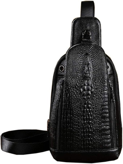 Hebetag Crocodile Genuine Leather Sling Chest Bag for Men&Women Travel Outdoor Hunting Hiking Camping Crossbody Shoulder Pack Pouch Backpack Daypack Black