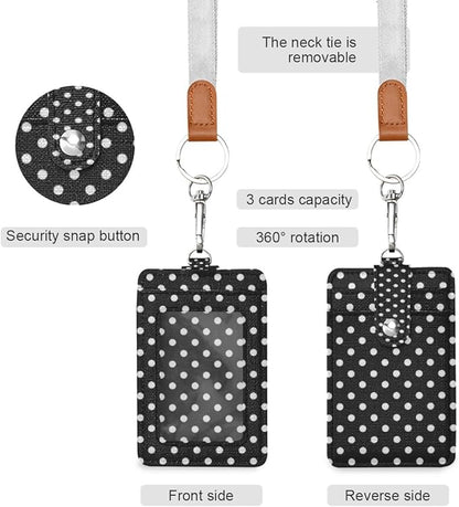 Moudou Polka Dot ID Badge Holder with Lanyard, Vertical Leather ID Badge Card Holder for Office Staff, School Teacher and Student