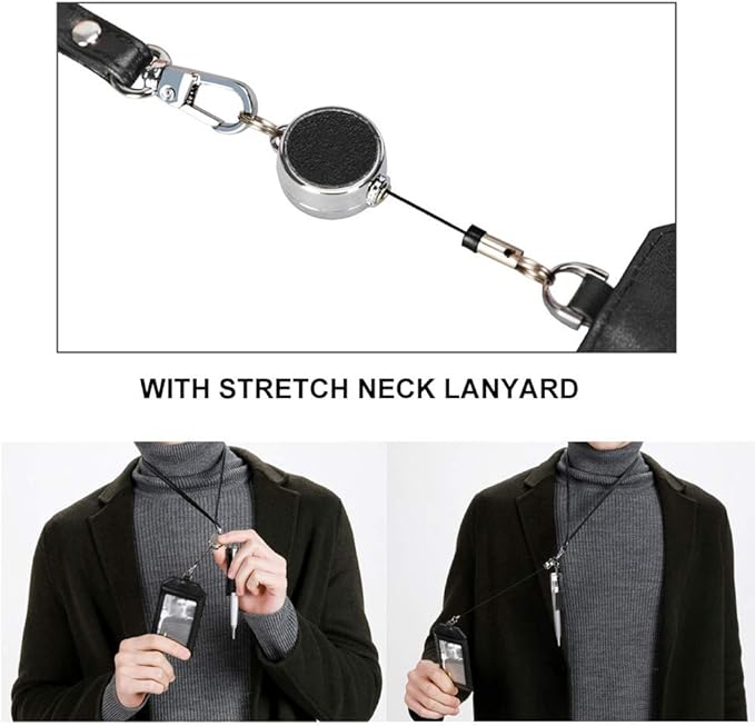 Office Badge Holder - Boshiho Genuine Leather Credit ID Card Holder with Stretch Neck Lanyard Vertical Style (Black)