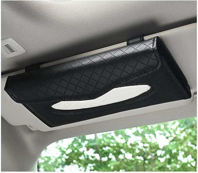 Car Tissue Holder, PU Leather Sun Visor Hanging Paper Napkin Dispenser with Tissue Refill, Backseat Mask Towel Case Visor Organizer with Magnetic Closure, Car Accessories (Black)