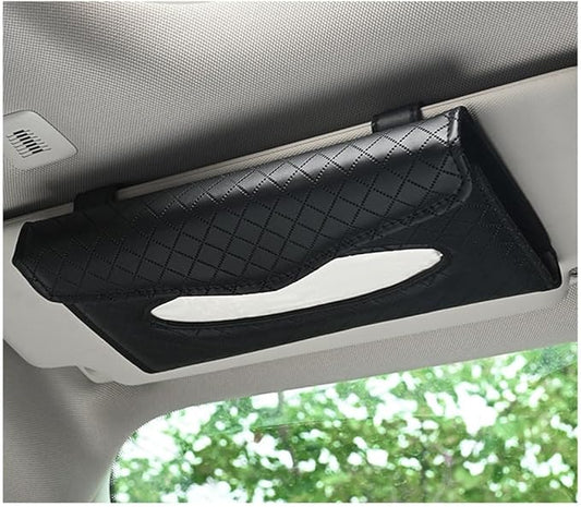 Car Tissue Holder, PU Leather Sun Visor Hanging Paper Napkin Dispenser with Tissue Refill, Backseat Mask Towel Case Visor Organizer with Magnetic Closure, Car Accessories (Black)