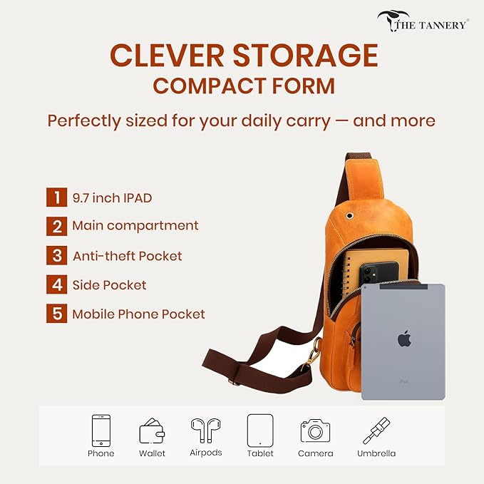 The Tannery Handmade Buffalo Leather Multipurpose Travel Hiking Crossbody Chest Backpack with Adjustable Shoulder Strap, Thanks Giving (Camel Brown, Large)