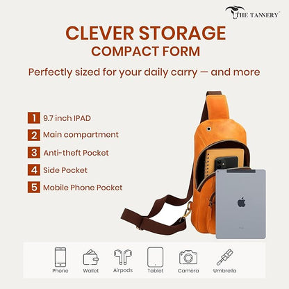 The Tannery Handmade Buffalo Leather Multipurpose Travel Hiking Crossbody Chest Backpack with Adjustable Shoulder Strap, Thanks Giving (Camel Brown, Small)