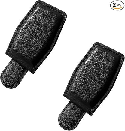 2PCS Sunglasses Holders for Car Sun Visor, Magnetic Leather Auto Visor Glasses Organizer Ticket Card Clip, Universal Eyeglasses Hanger Mounter for Most Cars, Trucks, SUVs (Black)