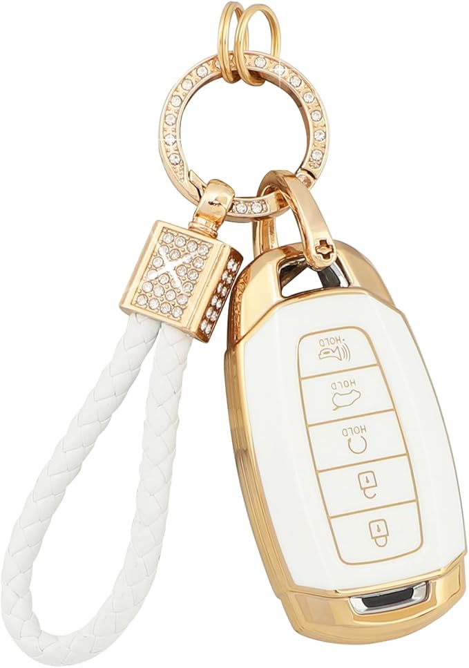 PIFOOG for Elantra Key Fob Cover Palisade 2023 2022 2021 2020 5 Buttons Car Keys Case Shell Protector Holder Glittering Keychain Accessories Girly Women Cute TPU Gold White